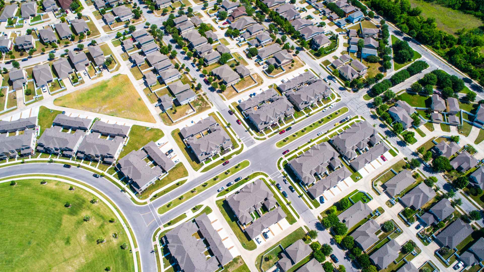 Aerial footage of a neighborhood in Pflugerville, TX.