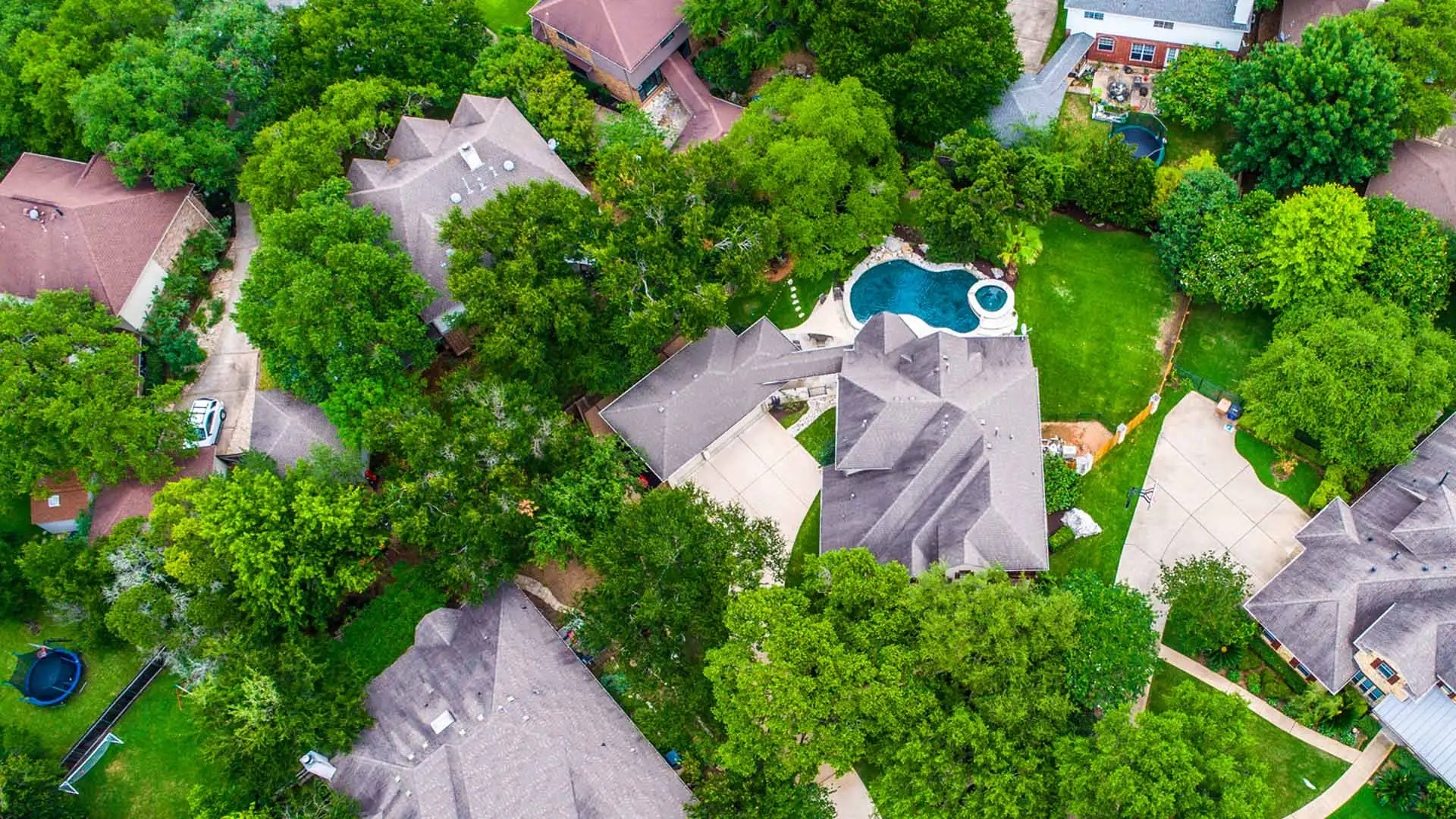 An aerial shot of a neighborhood in Central Austin, TX.