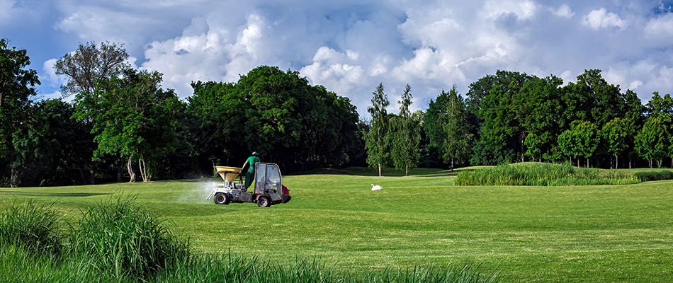 Lawn care professionals spraying lawn fertilizer with cart in Allandale, TX.