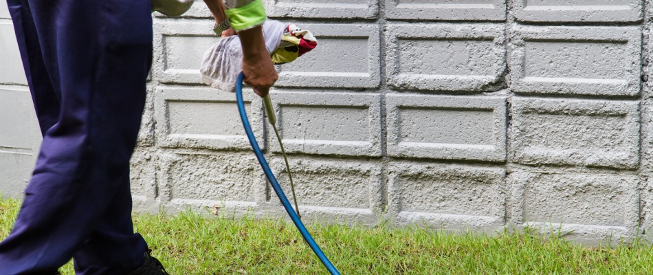 Professional applying insecticide to lawn near foundation of home in Round Rock, TX.
